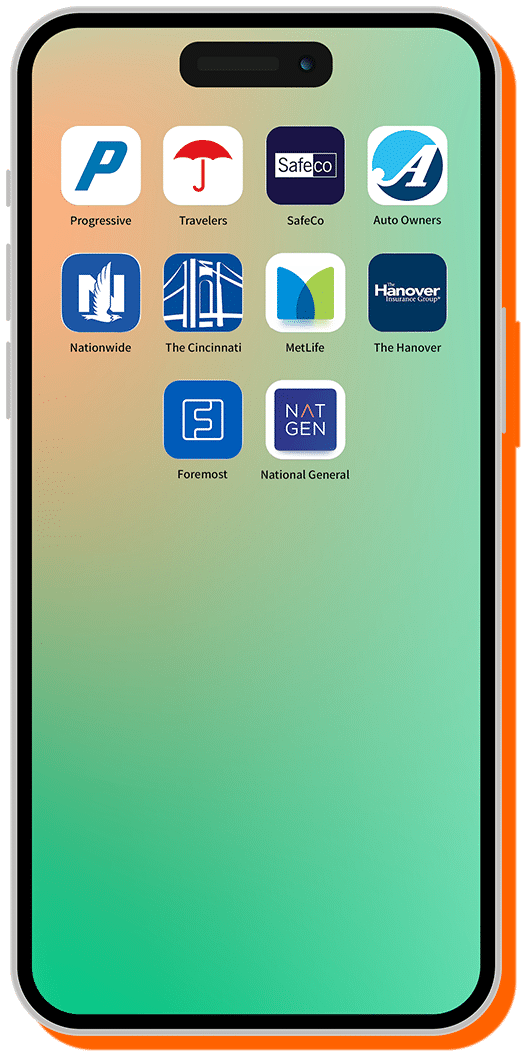 iPhone mockup showing insurance app logos